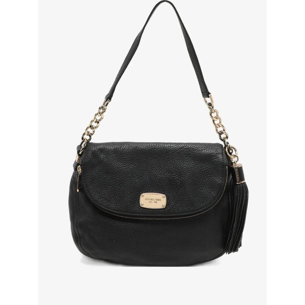 Michael Kors Black Pebbled Leather Flap Shoulder Bag Gold Chain Tassel Purse